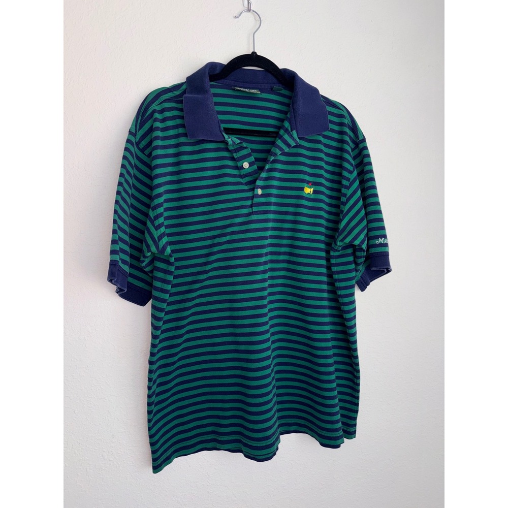 Masters Collection Polo Shirt XL Green Navy Striped Good Mercerized Cotton Golf